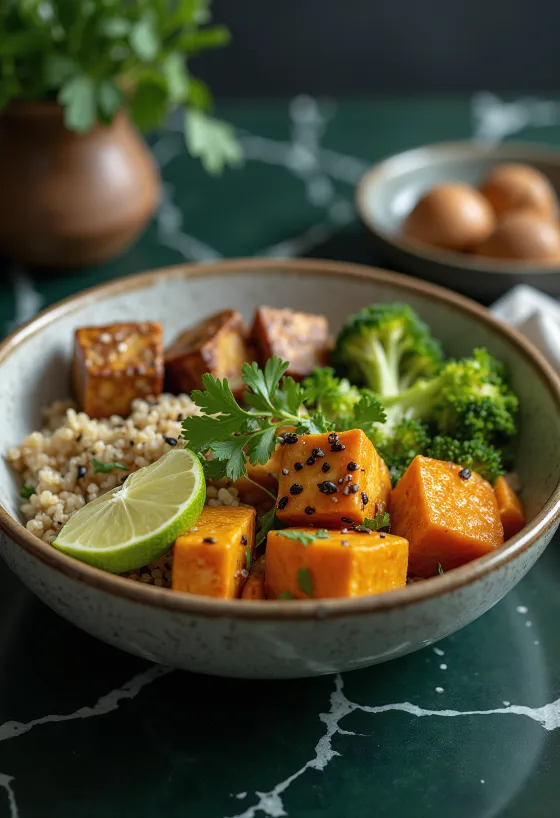 Buddha bowl con tofu e verdure servita con coriandolo