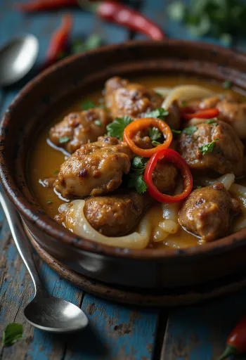 Adobo con latte di cocco, piatto ricco e speziato servito con riso e coriandolo