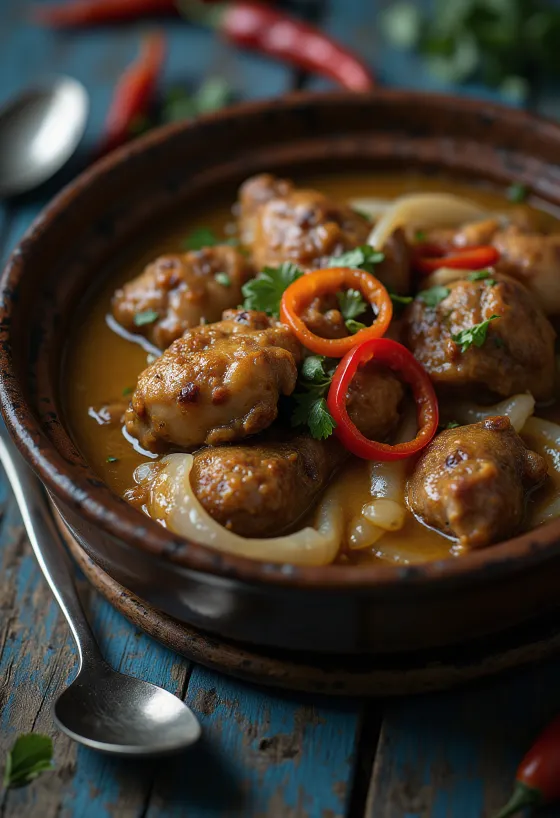 Adobo con latte di cocco, piatto ricco e speziato servito con riso e coriandolo