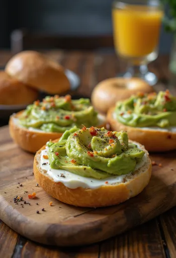 Bagel con avocado e formaggio spalmabile, decorato con succo di lime fresco e fiocchi di peperoncino