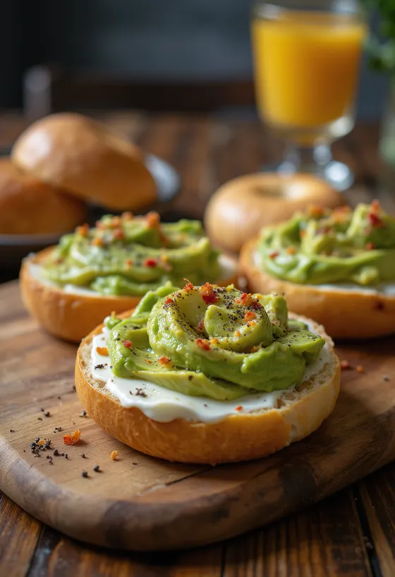 Bagel con avocado e formaggio spalmabile, decorato con succo di lime fresco e fiocchi di peperoncino