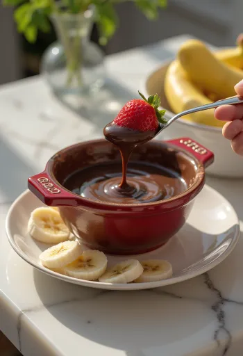 Fonduta di cioccolato calda servita con frutta e pezzi di pan di spagna.