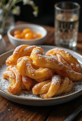 Chiacchiere spolverate di zucchero a velo, servite con marmellata