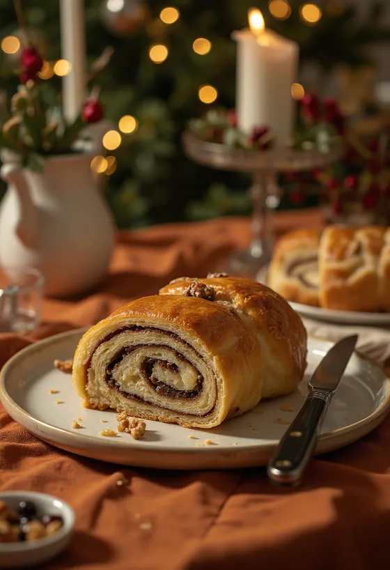 Fette di bejgli alle noci appena sfornato.