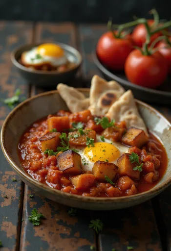 Matbucha con melanzane al forno, servita con salsa di pomodoro e coriandolo fresco