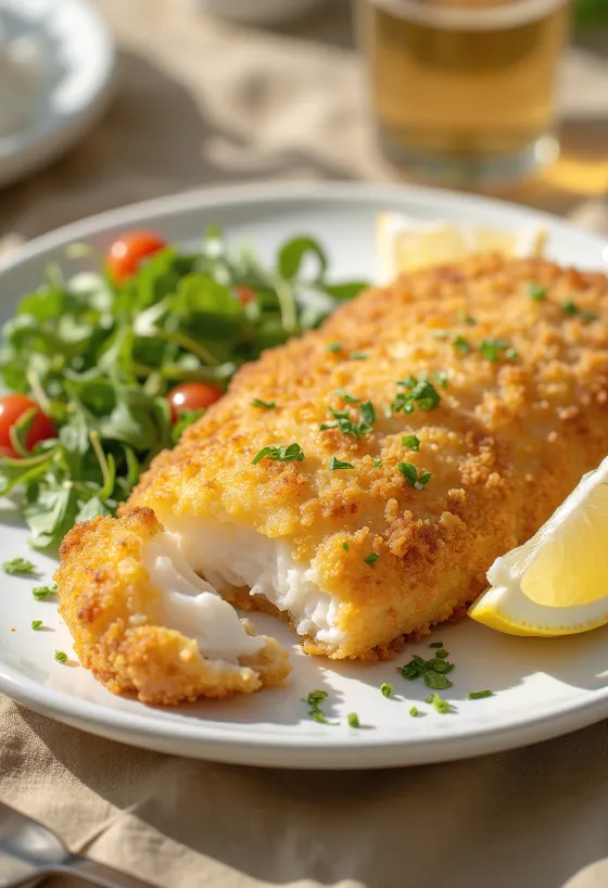 Filetto di pesce impanato croccante fritto dorato, servito con rondelle di limone fresco e verdure.