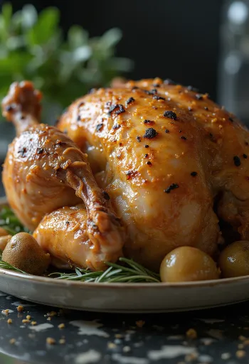 Cappone arrosto al burro al tartufo servito con verdure al forno.