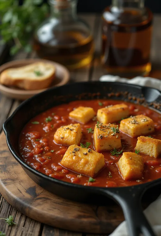 Tofu fritto in salsa di pomodoro speziata servito