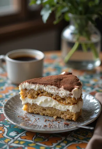 Torta tiramisù cremosa con strati di savoiardi al caffè e crema al mascarpone, spolverata di cacao