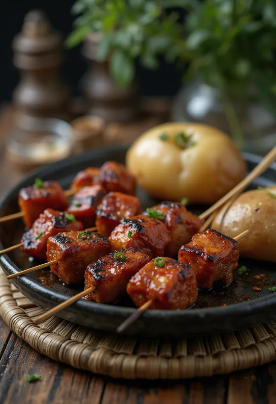Spiedini Anticuchos serviti con verdure grigliate