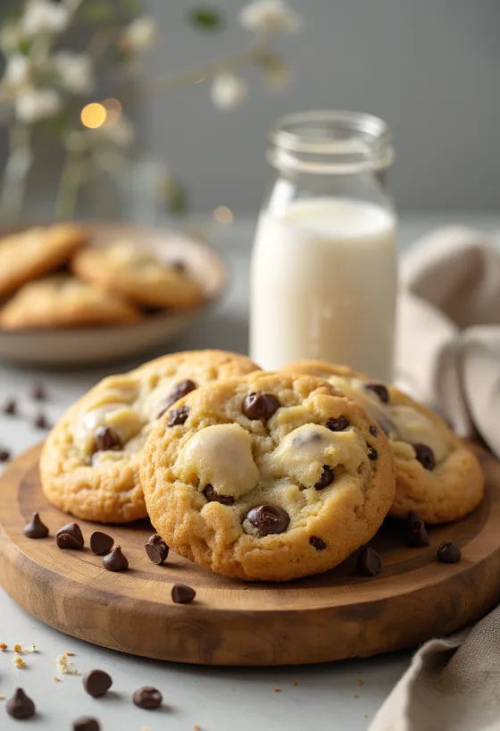 Biscotti con gocce di cioccolato appena sfornati con bordi croccanti e interno morbido