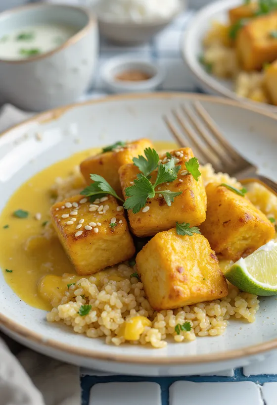 Tofu all'aglio con curry di quinoa