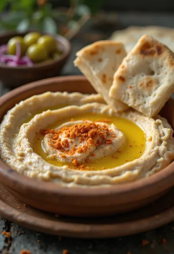 Hummus dalla consistenza setosa condito con olio d'oliva e servito con pita