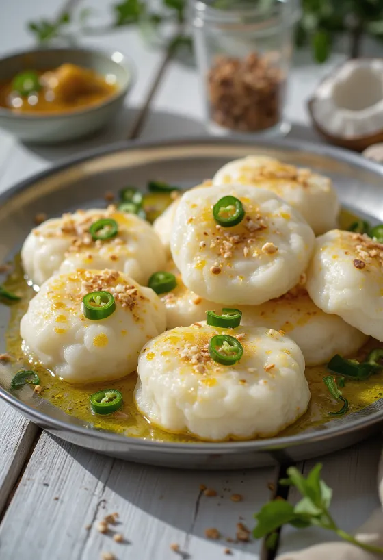 Idli servito con olio d'oliva speziato