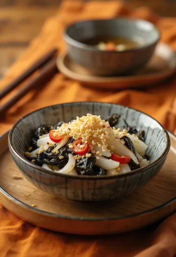 Insalata di Kombu con daikon, servita con coriandolo fresco e semi di sesamo