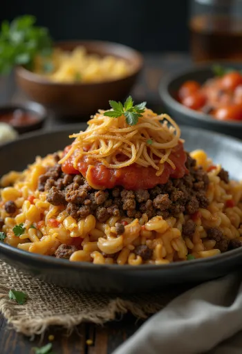 Koshari con manzo, piatto egiziano di riso, lenticchie e maccheroni, in ricca salsa di pomodoro