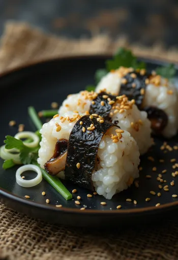 Omusubi con funghi al miso, polpette di riso giapponesi con salsa ai funghi e sesamo