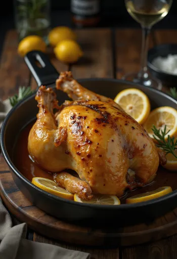 Faraona arrosto glassata al limone servita con verdure.
