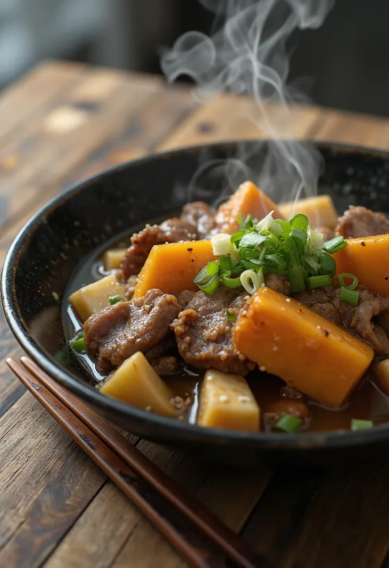 Nikujaga con tofu, manzo, patate dolci e cipollotti freschi