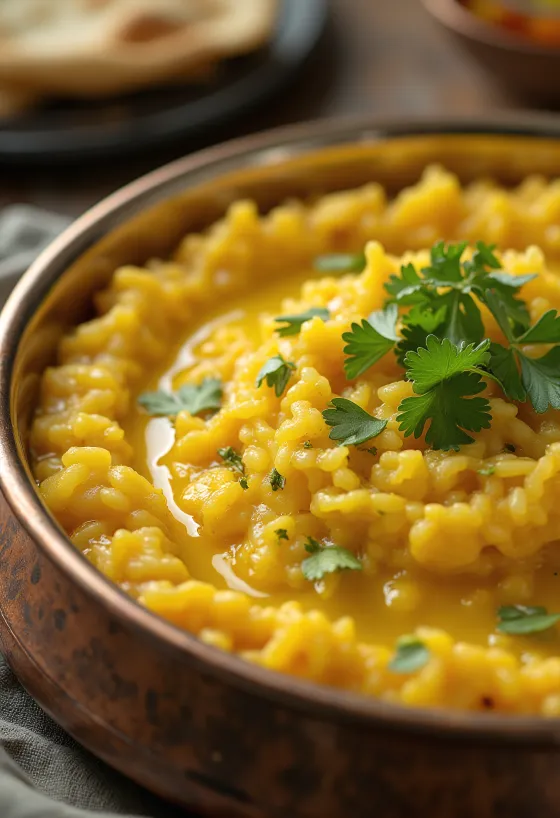 Khichdi di Moong Dal e riso decorato con coriandolo fresco