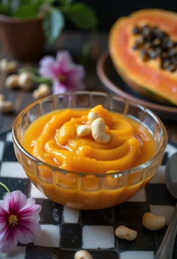Papaya ka Halwa con ricchi sapori speziati, noci tostate e acqua di rose.