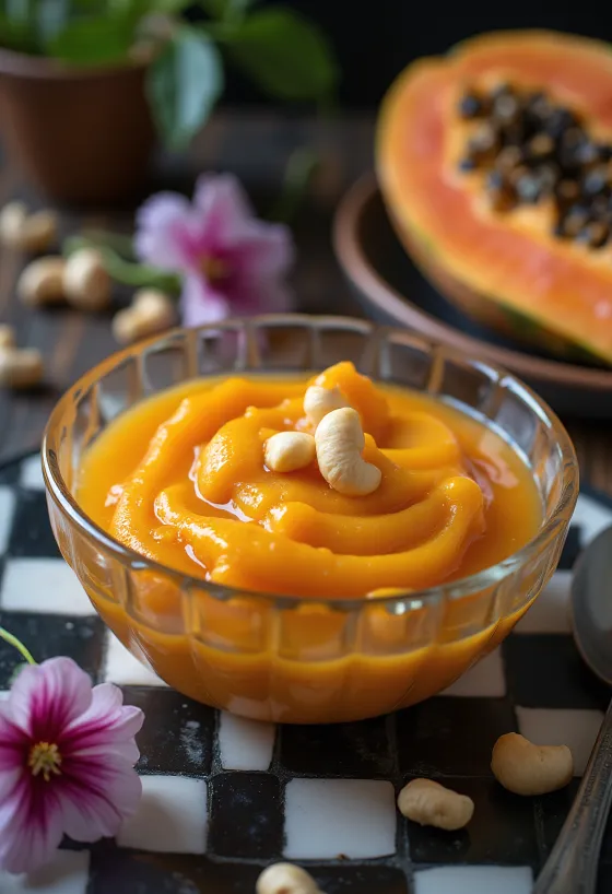 Papaya ka Halwa con ricchi sapori speziati, noci tostate e acqua di rose.