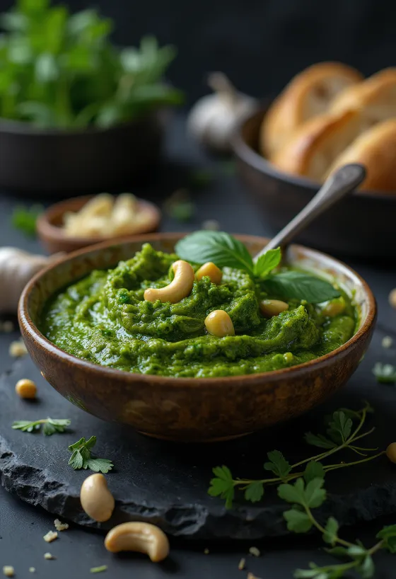 Pesto di aglio orsino e anacardi in un barattolo, servito con ingredienti freschi