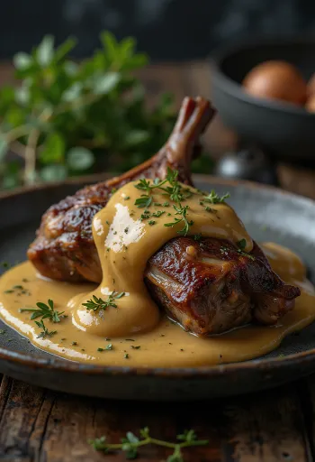 Lepre arrosto in salsa alla senape servita elegantemente.