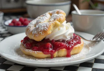 Semla con marmellata di lamponi, servita con panna