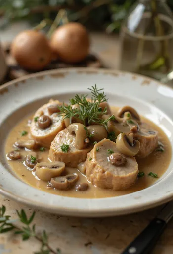 Filetto di maiale in salsa ai funghi servito con prezzemolo fresco