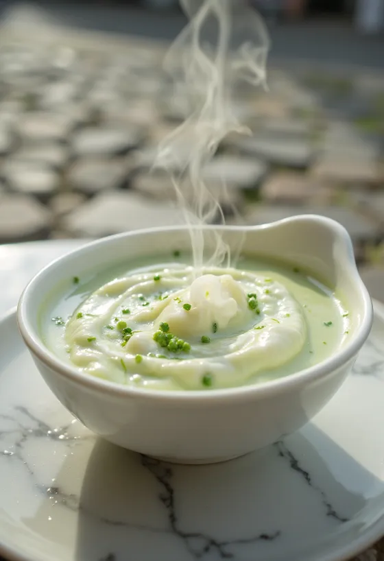 Crema al basilico e panna servita