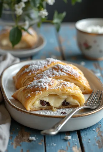Strudel di ricotta cotto dorato spolverato di zucchero a velo