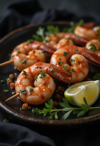 Anticucho di gamberi, gamberi grigliati su spiedini di legno con spezie fresche