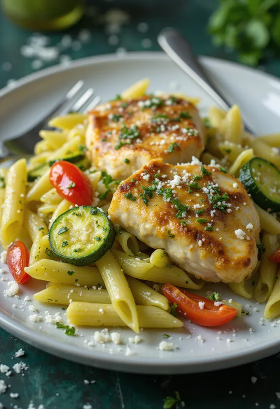 Penne con pollo, pesto e verdure servite