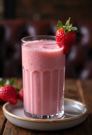 Smoothie alla fragola in bicchiere alto, decorato con fette di fragola fresca