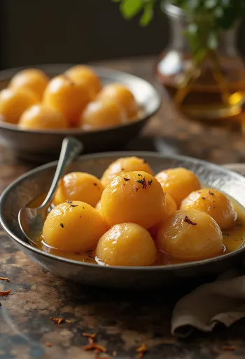 Gulab Jamun allo zafferano, palline dolci dorate nello sciroppo