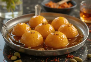 Gulab Jamun allo zafferano, palline dolci dorate nello sciroppo