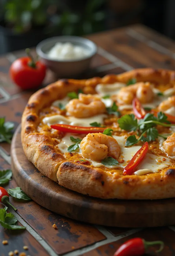 Pizza Laksa con spezie malesi e gamberi