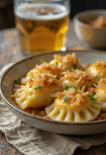 Pierogi polacchi ai crauti con panna acida e cipolla rosolata