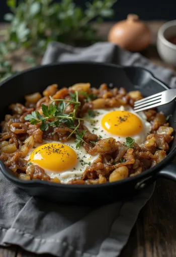 Pyttipanna con cipolle caramellate e uovo fritto servito su piatto scuro