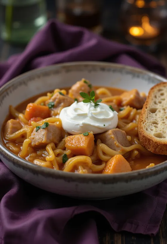 Goulash alla Székely servito riccamente con panna acida, pane fresco e peperoncino piccante.