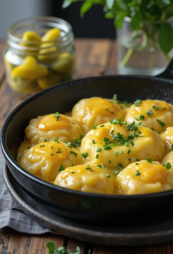 Spätzle all'uovo cosparsi di prezzemolo fresco, serviti con sottaceti fatti in casa.