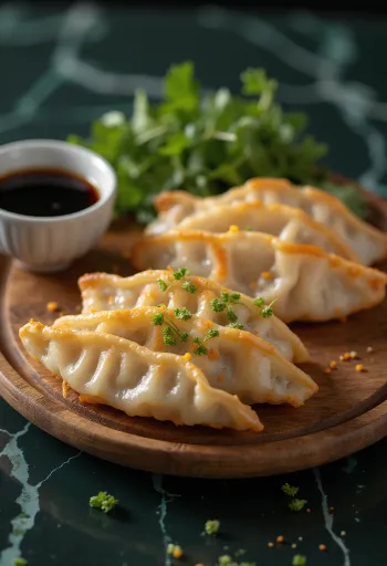 Tuna Gyoza serviti con ripieno di tonno e verdure e salsa di soia