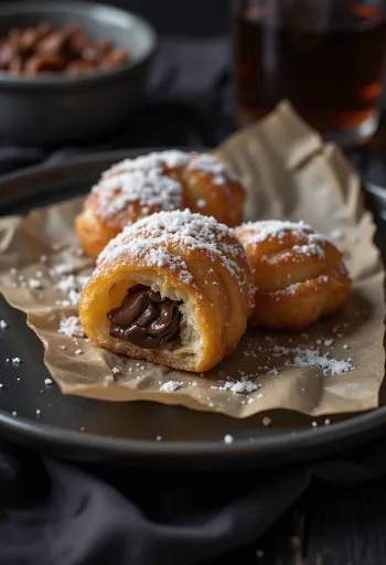 Zeppole servite con crema al cioccolato, bignè dorati con crema al cioccolato sopra