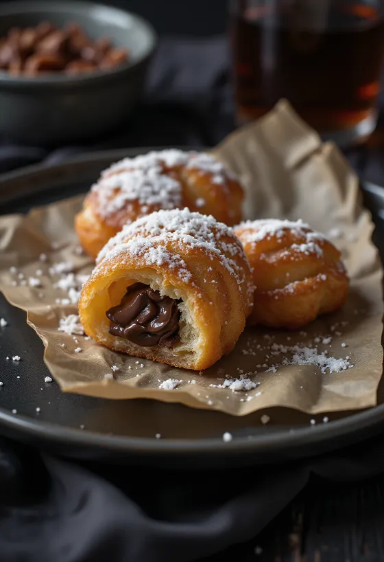 Zeppole servite con crema al cioccolato, bignè dorati con crema al cioccolato sopra