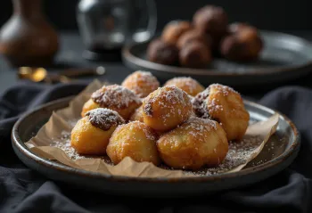 Zeppole servite con crema al cioccolato, bignè dorati con crema al cioccolato sopra