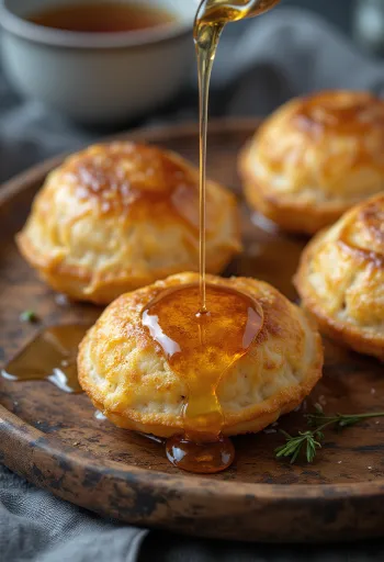 Æbleskiver dolcificati con miele, frittelle fresche e soffici servite