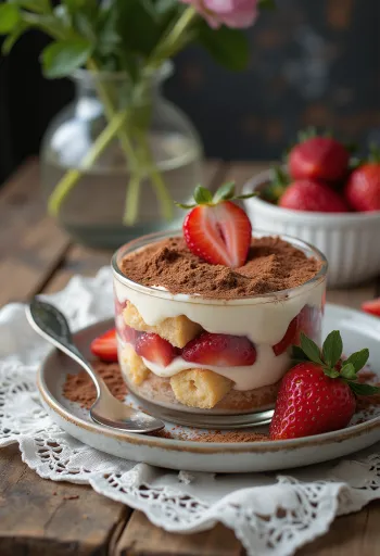 Tiramisù alle fragole con strati di biscotti e crema al mascarpone, decorato con fragole fresche