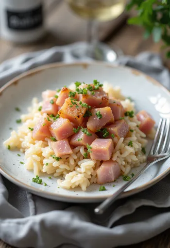 Prosciutto affumicato servito con riso pilaf
