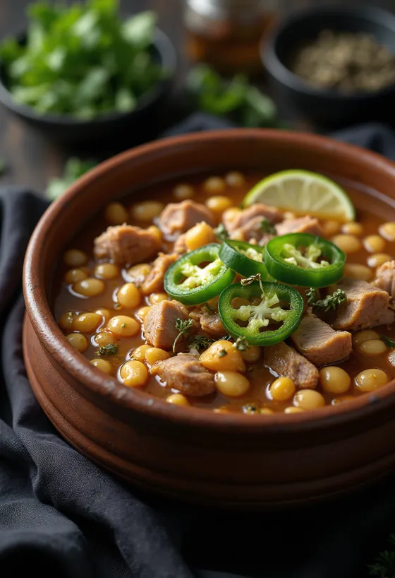 Pozole di Maiale, zuppa messicana di maiale con mais hominy, lime e jalapeño